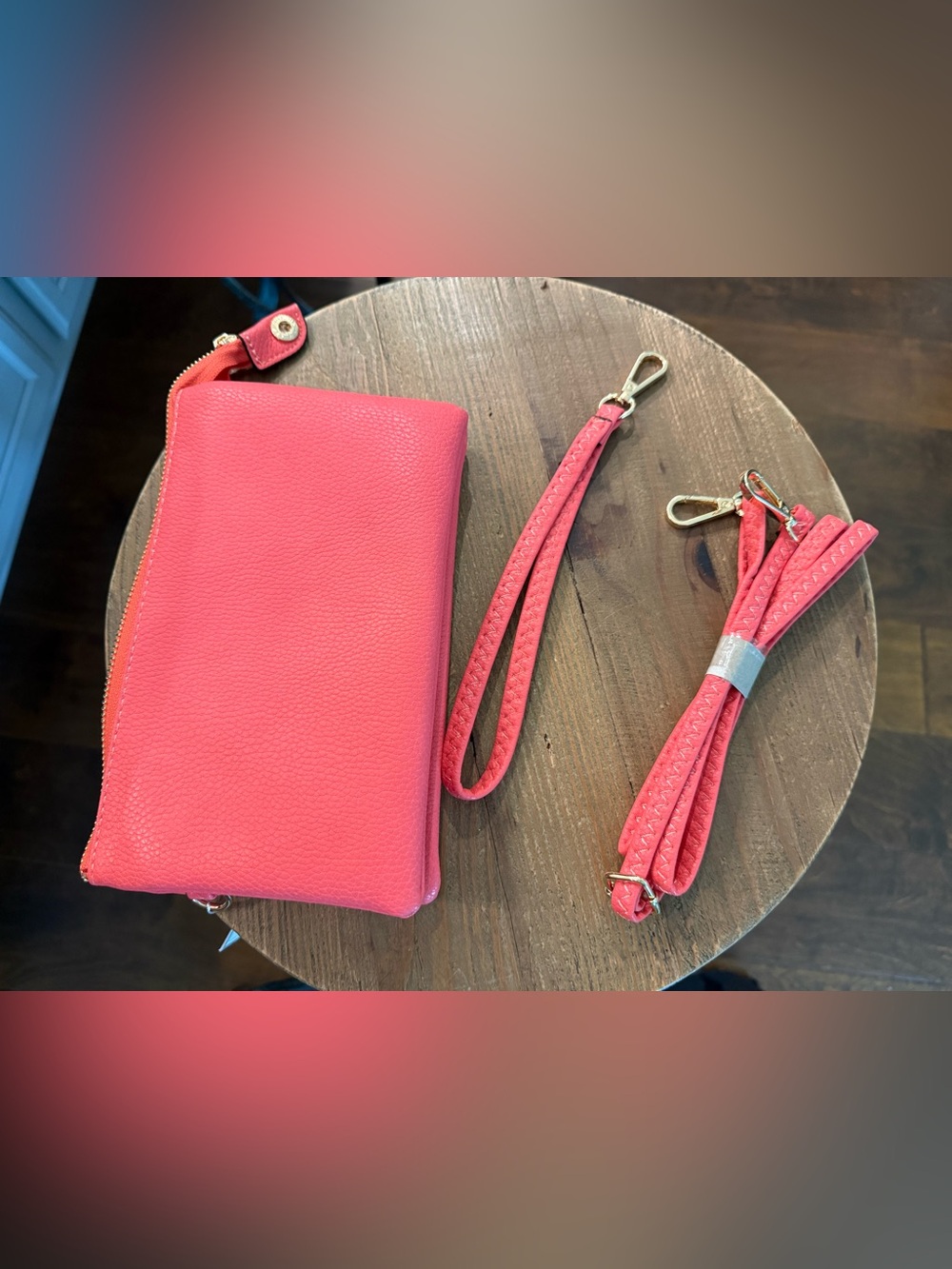 Jen & Co. Pink Pebbled Chevron Crossbody Clutch Zip Detachable Strap - Vegan